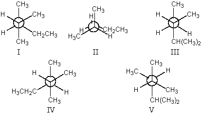 The most stable conformation of 2,3-dimethylpentane,viewed through the C-2-C-3 bond (i.e.,C-2 in the front,C-3 in the back) :   A) I B) II C) III D) IV E) V