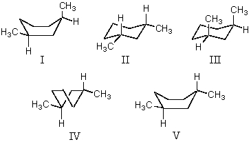 What structure represents the most stable conformation of cis-1,3-dimethylcyclohexane?   A) I B) II C) III D) IV E) V