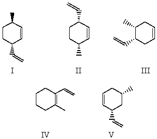 Select the structure for cis-3-methyl-6-vinylcyclohexene.   A) I B) II C) III D) IV E) V