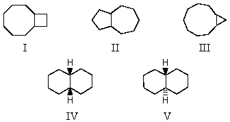 Which of these C<sub>10</sub>H<sub>18</sub> isomers is predicted to be the most stable?   A) I B) II C) III D) IV E) V