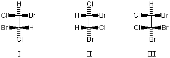 Which molecule is achiral?   A) I B) II C) III D) More than one of these choices. E) None of these choices.