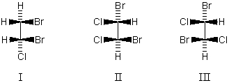 Which molecule is achiral?   A) I B) II C) III D) More than one of these choices. E) None of these choices.