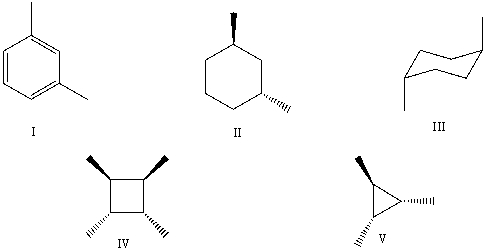 Which of the following compounds are chiral?   A) I,IV,and V B) II only C) II and III D) III only E) all compounds are achiral