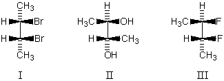 Which molecule is a meso compound?   A) I B) II C) III D) More than one of these choices. E) None of these choices.