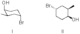 I and II are:   A) constitutional isomers. B) enantiomers. C) identical. D) diastereomers. E) not isomeric.