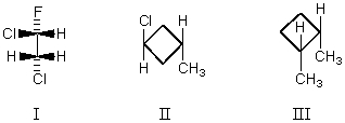 Which molecule has a plane of symmetry?   A) I B) II C) III D) More than one of these choices. E) None of these choices.