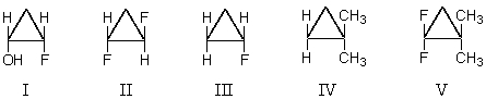 Which molecule is a meso compound?   A) I and II B) IV and V C) II and III D) I,II and III E) None of these choices.