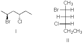 I and II are:   A) constitutional isomers. B) enantiomers. C) identical. D) diastereomers. E) not isomeric.
