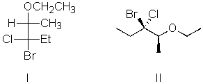 I and II are:   A) constitutional isomers. B) enantiomers. C) identical. D) diastereomers. E) not isomeric.