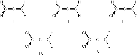 A solution of which of these allenes will rotate plane-polarized light?   A) I B) II C) III D) IV E) V