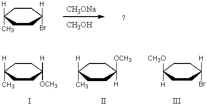 What product(s) would you expect to obtain from the following S<sub>N</sub>2 reaction?   A) I B) II C) An equimolar mixture of I and II. D) III E) None of these choices.