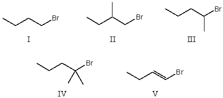 Which alkyl halide would be most reactive in an S<sub>N</sub>1 reaction?   A) I B) II C) III D) IV E) V