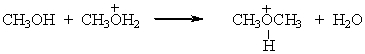 Identify the leaving group in the following reaction.   A) CH<sub>3</sub>OH B) CH<sub>3</sub>OH<sub>2</sub><sup>+</sup> C) CH<sub>3</sub>OCH<sub>3</sub> D) H<sub>2</sub>O E) None of these choices.