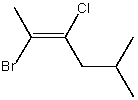 The correct IUPAC name for the following compound is:   A) (E) -2-Bromo-3-chloro-5-methyl-2-hexene B) (E) -2-Bromo-3-chloro-5-methyl-3-hexene C) (Z) -2-Bromo-3-chloro-5-methyl-3-hexene D) (Z) -2-Bromo-3-chloro-5-methyl-2-hexene E) (E) -2-Methyl-5-bromo-4-chloro-4-hexene