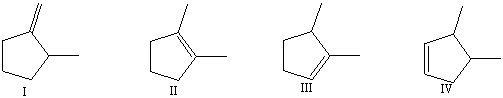 Rank the following compounds from lowest to highest heat of hydrogenation:   A) I,II,III,IV B) IV,III,II,I C) II,III,IV,I D) I,IV,III,II E) none of these choices