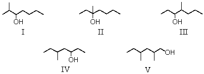 Which one of the following alcohols would dehydrate most rapidly when treated with sulfuric acid?   A) I B) II C) III D) IV E) V