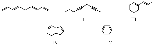 On hydrogenation with platinum,a compound C<sub>9</sub>H<sub>12</sub> absorbs 2 mol of hydrogen.Which of the following is a possible structure for the compound?   A) I B) II C) III D) IV E) V