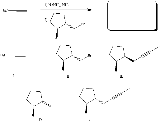 Predict the major organic product(s) of the following reaction:   A) I,II B) III,V C) I,IV D) only V E) None of these choices.
