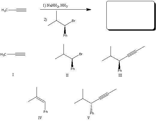 Predict the major organic product(s) of the following reaction:   A) I,II B) III,V C) I,IV D) only V E) None of these choices.