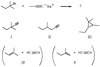 What would you expect to be the chief organic product(s) when 2-bromo-2-methylpentane react(s) with sodium propynide,i.e.,   A) I B) II C) III D) IV E) V