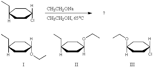 What major product(s) are likely to be obtained from the following reaction?   A) I,by predominantly S<sub>N</sub>2 B) II,by predominantly S<sub>N</sub>2 C) an equimolar mixture of I and II,by predominantly S<sub>N</sub>1 D) III,by substitution of the alkyl group,rather than substitution of the chloro group. E) Actually,none of these products are likely to be obtained as major products,because elimination will probably predominate,leading to the formation of an alkene.