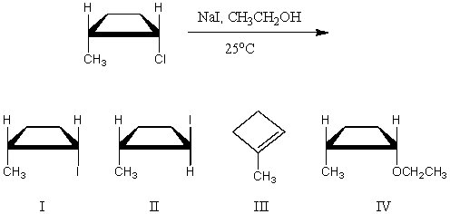 The major product(s) of the following reaction is(are) :   A) I B) II C) III D) IV E) Equal amounts of I and II.