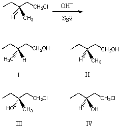 What would be the major product of the following reaction?   A) I B) II C) III D) IV E) An equimolar mixture of I and II.