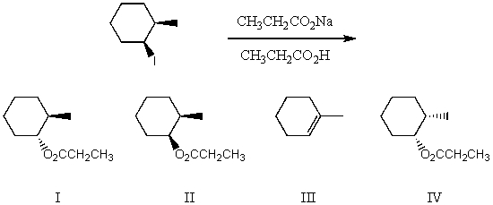 What would be the major product(s) of the following reaction?   A) I B) II C) III D) IV E) None of these choices.