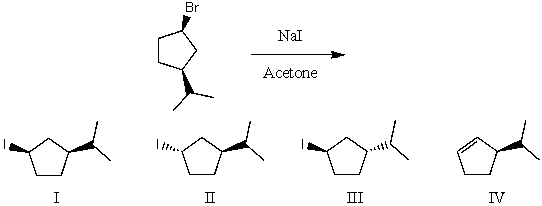 What would be the major product(s) of the following reaction?   A) I B) II C) III D) IV E) None of these choices.