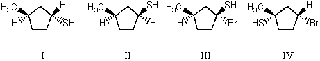 What would be the major product obtained when trans-1-bromo-3-methylcyclopentane is allowed to react with NaSH at 25<sup>o</sup>C?   A) I B) II C) III D) IV E) Equal amounts of I and II.