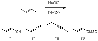 What would be the major product(s) of the following reaction?   A) I B) II C) III D) IV E) None of these choices.