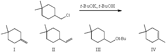 What would be the major product(s) of the following reaction?   A) I B) II C) III D) IV E) More than one of these choices.