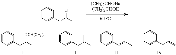 What would be the major product(s) of the following reaction?   A) I B) II,III,and IV C) III and IV D) II and IV E) IV and III