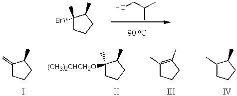 What would be the major product(s) of the following reaction?   A) I B) II C) III D) IV E) More than one of these choices.