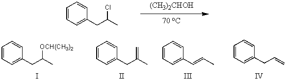 What would be the major product(s) of the following reaction?   A) I B) II and III C) II,III,and IV D) III and IV E) None of these choices.