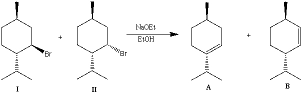 When diastereomers I and II undergo an E2 elimination on treatment with sodium ethoxide in ethanol,one of the isomers react 500 times faster than the other one.Also,one isomer gives only A as a product and the other isomer gives a mixture of A and B as products.Determine the products of each isomer and explain your reasoning.  