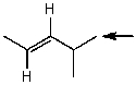 Which one of the following best represents the predicted approximate chemical shift and coupling for the hydrogen(s) indicated with the arrow?   A) 5.40 ppm,doublet B) 1.00 ppm,multiplet C) 2.00 ppm,doublet D) 1.00 ppm,doublet E) 5.40 ppm,multiplet