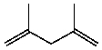 Consider the expected <sup>1</sup>H NMR spectrum of 2,4-dimethyl-1,4-pentadiene.Which of the following is likely to be observed?   A) 7 signals: all singlets B) 4 signals: all singlets C) 3 signals: all singlets D) 3 signals: one singlet,2 doublets E) 4 signals: two singlets,two doublets