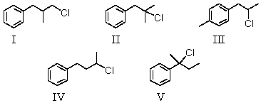  A compound with the molecular formula C<sub>10</sub>H<sub>13</sub>Cl gave the following <sup>1</sup>H NMR spectrum: singlet, \delta  1.6 Singlet, \delta  3.1 Multiplet, \delta  7.2 (5H)  The most likely structure for the compound is:   A) I B) II C) III D) IV E) V 