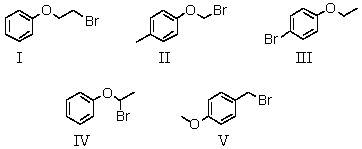  A compound with the molecular formula C<sub>8</sub>H<sub>9</sub>BrO gave the following <sup>1</sup>H NMR spectrum: triplet, \delta  1.4 Quartet, \delta  3.9 Multiplet, \delta  7.0 (4H)  There was no evidence of an -OH band in the IR spectrum.A possible structure for the compound is:   A) I B) II C) III D) IV E) V 