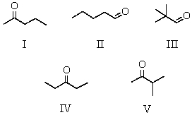 A compound C<sub>5</sub>H<sub>10</sub>O gave the following spectral data: <sup>1</sup>H NMR spectrum IR spectrum Doublet, \delta 1.10 strong peak Singlet, \delta 2.10 near 1720 cm<sup>-1</sup> Septet, \delta 2.50 Which is a reasonable structure for the compound? A) I B) II C) III D) IV E) V