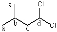 Consider the expected splitting of signal  b  in the <sup>1</sup>H NMR spectrum of 1,1-dichloro-3-methylbutane,shown below.Presuming that J<sub>ab</sub> is sufficiently different from J<sub>bc</sub> and that the instrument has sufficient resolving power,what is the theoretical multiplicity of signal  b ?   A) 8 B) 9 C) 12 D) 18 E) 21