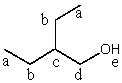 Consider the expected splitting of signal  c  in the <sup>1</sup>H NMR spectrum of 2-ethyl-1-butanol,shown below.Presuming that J<sub>bc</sub> is sufficiently different from J<sub>cd</sub> and that the instrument has sufficient resolving power,what is the theoretical multiplicity of signal  c ?   A) 6 B) 7 C) 8 D) 12 E) 15