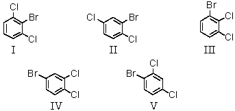 A bromodichlorobenzene which gives four signals in the broadband proton-decoupled <sup>13</sup>C spectrum could be:   A) I B) II C) III D) IV E) V