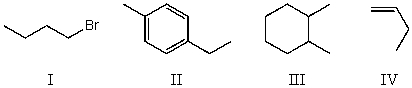 Which compound below would give rise to 3 signals in the proton NMR spectrum and 4 signals in the carbon NMR spectrum? (Assume you can separate and see all peaks.)    A) I B) II C) III D) IV E) None of these choices.