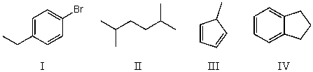 Which compound below would give rise to 4 signals in the proton NMR spectrum and 6 signals in the carbon NMR spectrum? (Assume you can separate and see all peaks.)    A) I B) II C) III D) IV E) More than one of these choices.