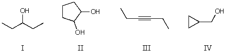 Which compound below would not give rise to 4 signals in the proton NMR spectrum and 3 signals in the carbon NMR spectrum? (Assume you can separate and see all peaks.)    A) I B) II C) III D) IV E) All of these choices fit the criteria.