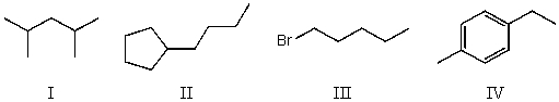 Which compound below would give rise to 5 signals in the proton NMR spectrum and 7 signals in the carbon NMR spectrum? (Assume you can separate and see all peaks.)    A) I B) II C) III D) IV E) None of these choices.