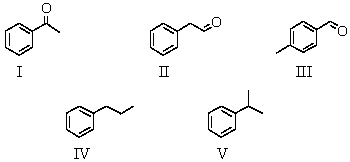 An organic compound absorbs strongly in the IR at 1687 cm<sup>-1</sup>.Its <sup>1</sup>H NMR spectrum consists of two signals,a singlet at 2.1 ppm and a multiplet centered at 7.1 ppm.Its mass spectrum shows significant peaks at m/z 120,m/z 105 and m/z 77.This information is consistent with which of the following structures?   A) I B) II C) III D) IV E) V