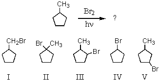 Select the structure of the major product formed in the following reaction.   A) I B) II C) III D) IV E) V